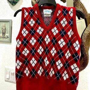 Vintage 70s Red Argyle V-Neck Sweater Vest.